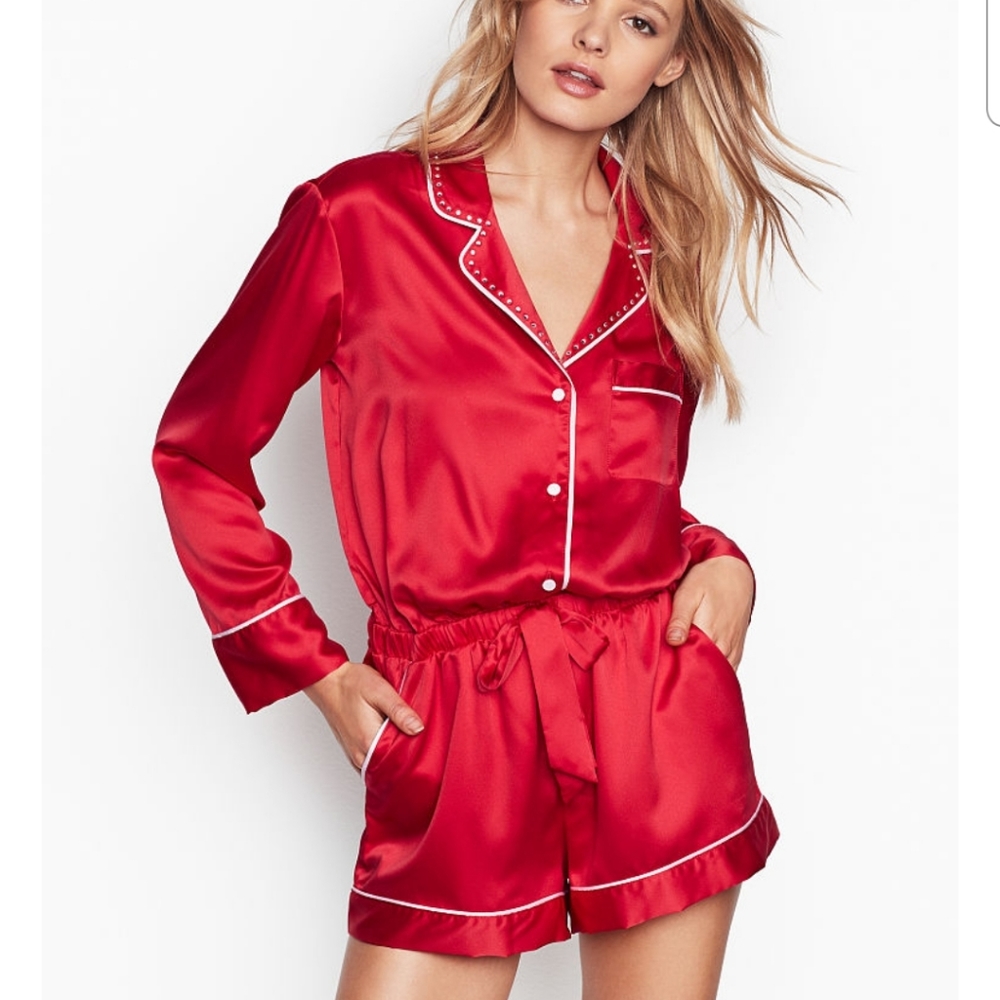 VS sexy Red Satin Rhinestone Crystal Romper holiday Valentine's Day